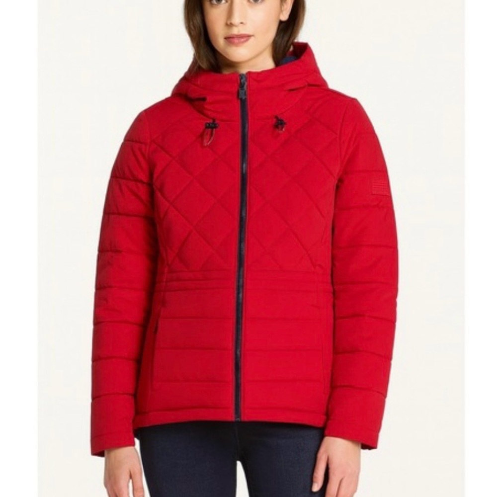 Tommy Hilfiger Women’s red quilted puffer jacket Hooded Size XL Winter Warm Coat